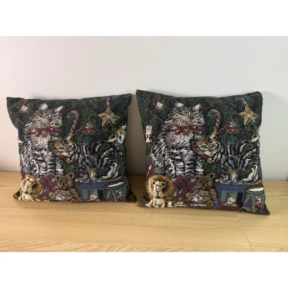 Christmas Cat Tapestry Throw Pillows Pair Woven Holiday Tree Teddy Bear Decor